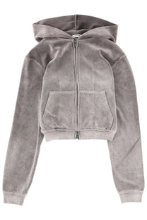 Alexanderwang women’s grey velvet zip-up hoodie with subtle dot pattern and front pockets for casual wear