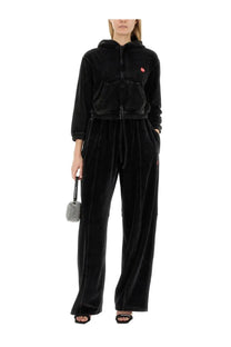 Alexanderwang women’s black velour sweatshirt tracksuit with hood zipper and subtle red logo on chest and pockets