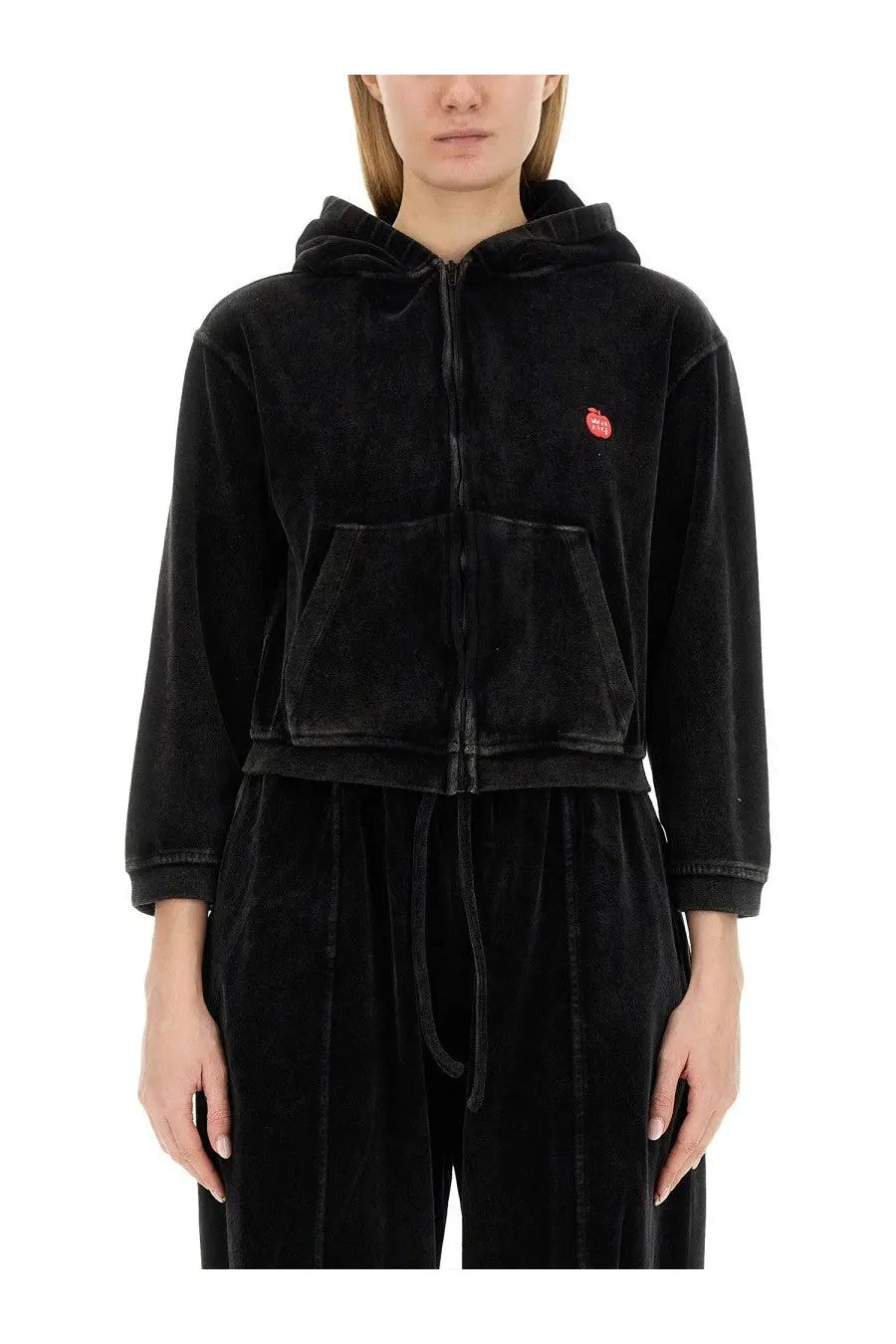 Alexanderwang women’s black velour zip-up hoodie with red embroidered apple logo on left chest