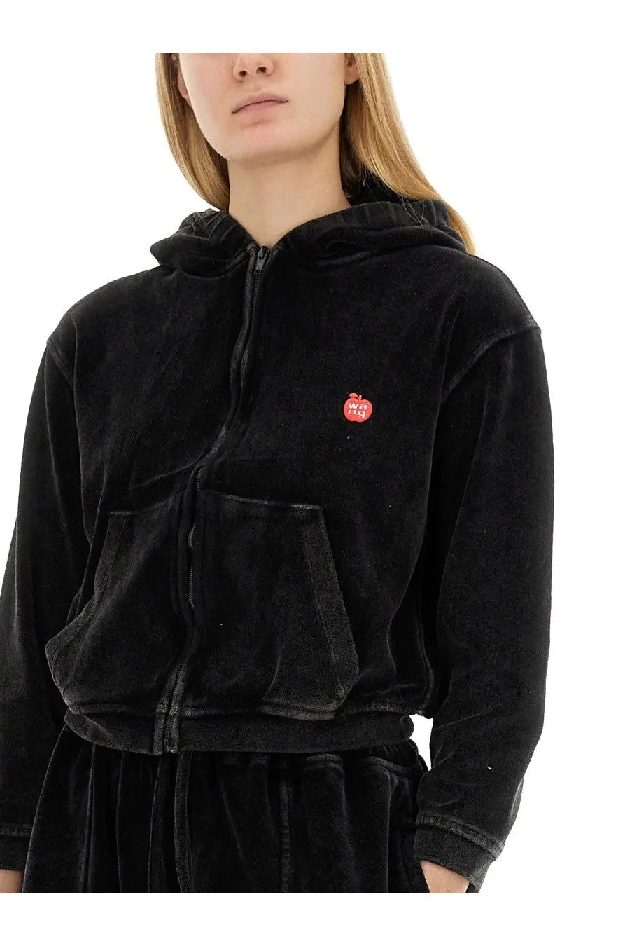 Black velvet zip-up hoodie by Alexander Wang womens velour sweatshirt in black with red embroidered apple logo on chest