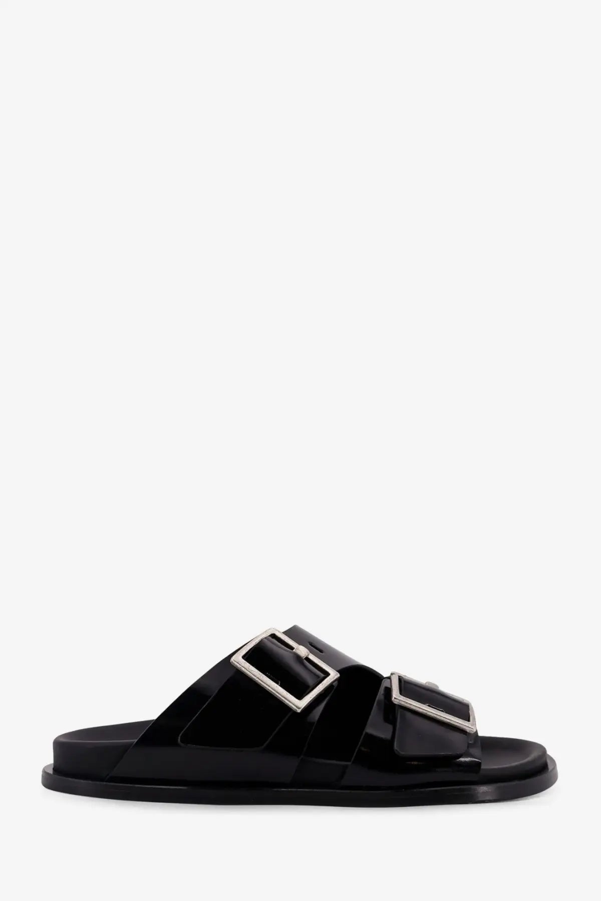 Alohas women’s alba low black leather slide sandal with two silver rectangular buckle straps