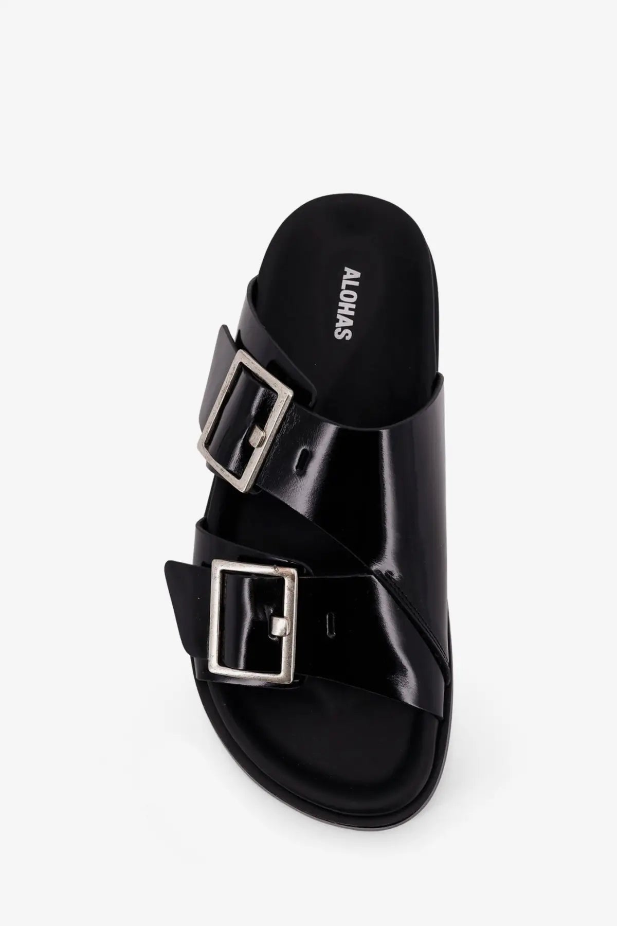 Alohas women’s alba low black leather slide sandal with two silver-toned buckle straps