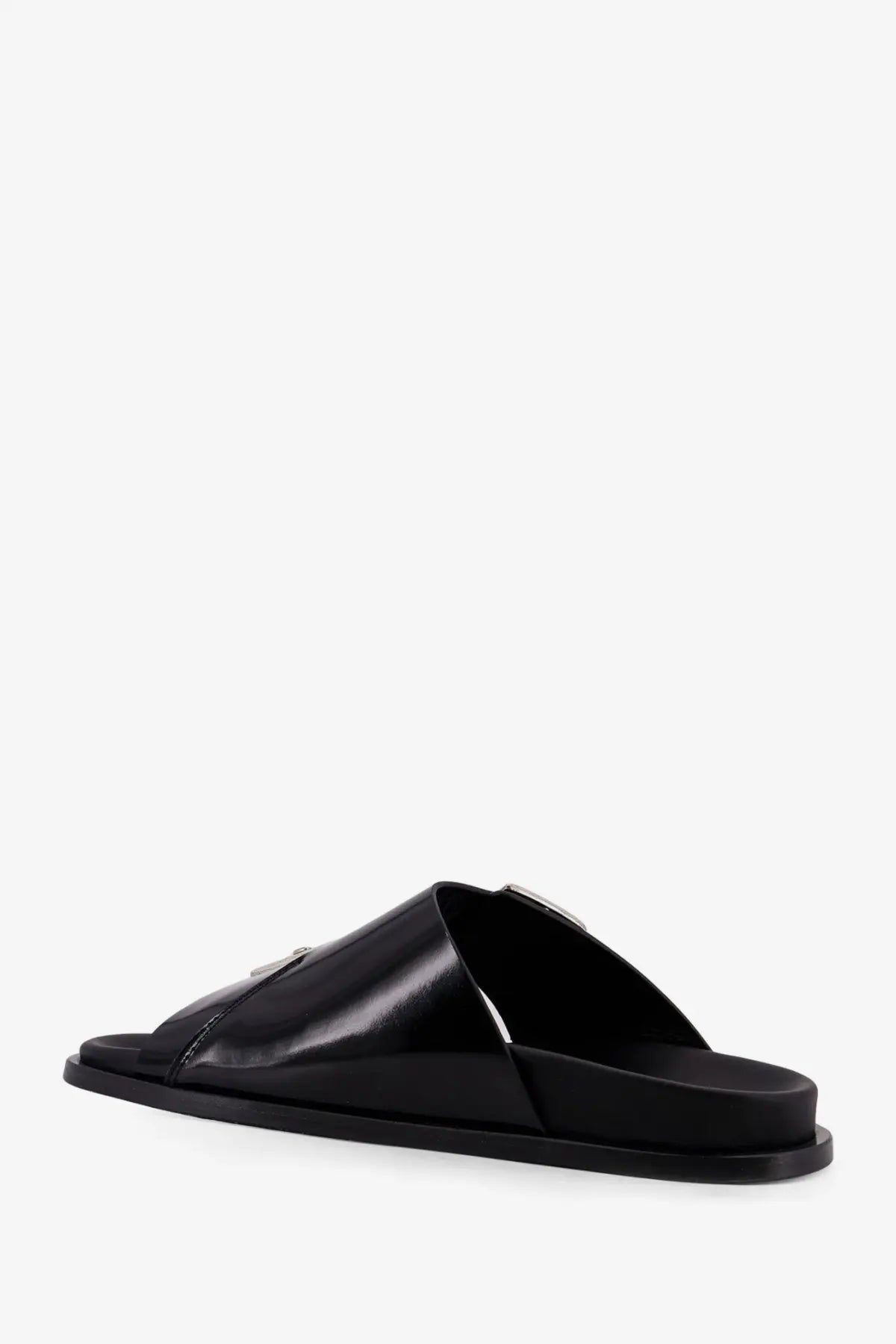 Alohas women’s alba low black leather slide sandal with sleek minimalist design and small metallic accent on strap