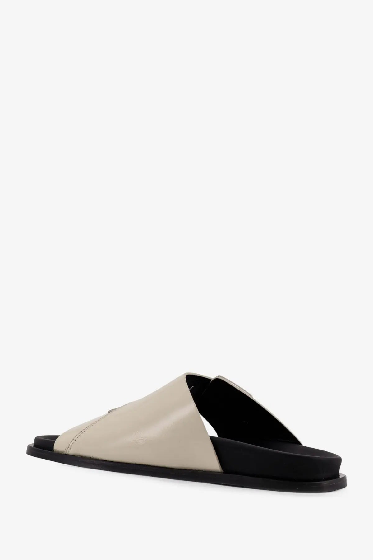 Alohas women’s alba low leather sandals white featuring beige and black leather slide with minimalist design
