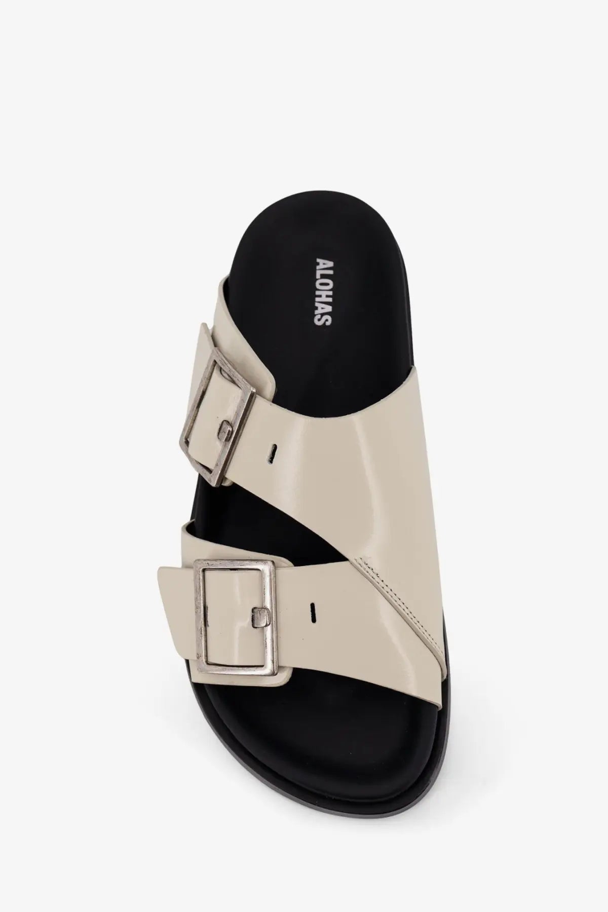 Alohas women’s alba low leather sandals in beige patent leather with double straps and silver-toned buckles