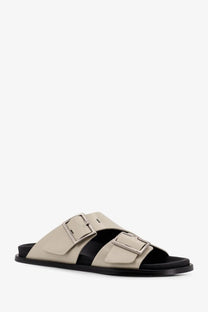 Alohas women’s alba low leather sandals white with beige leather slide design two silver buckle straps and black rubber sole