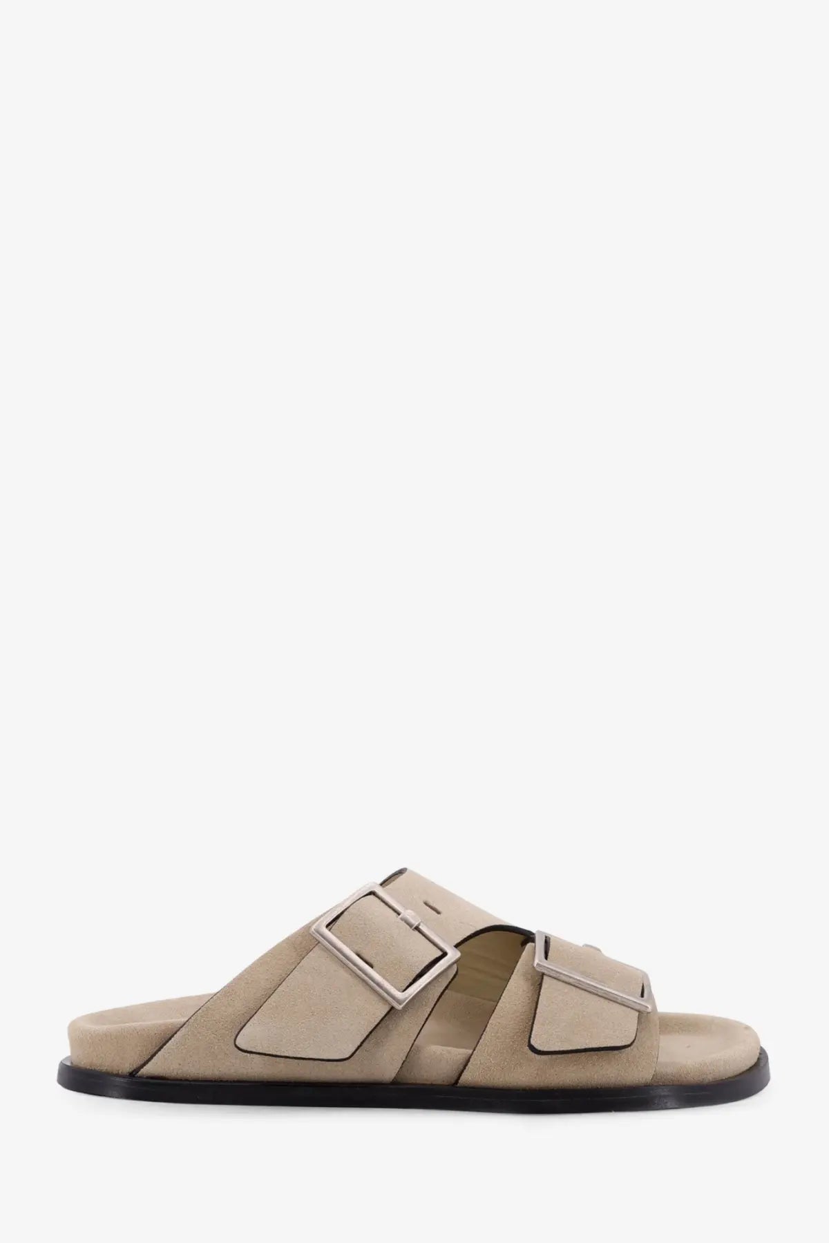 Alohas women’s alba suede sandals beige slide style with two silver buckle straps and black rubber sole