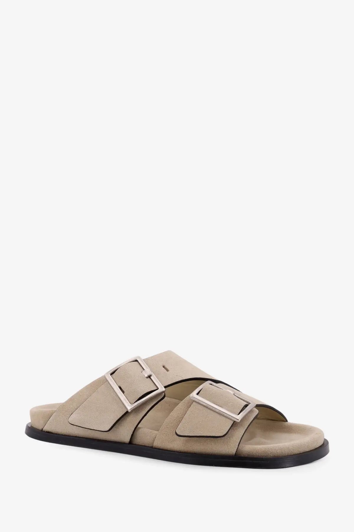 Alohas women’s alba beige suede slide sandal with two silver-toned buckle straps and black rubber sole