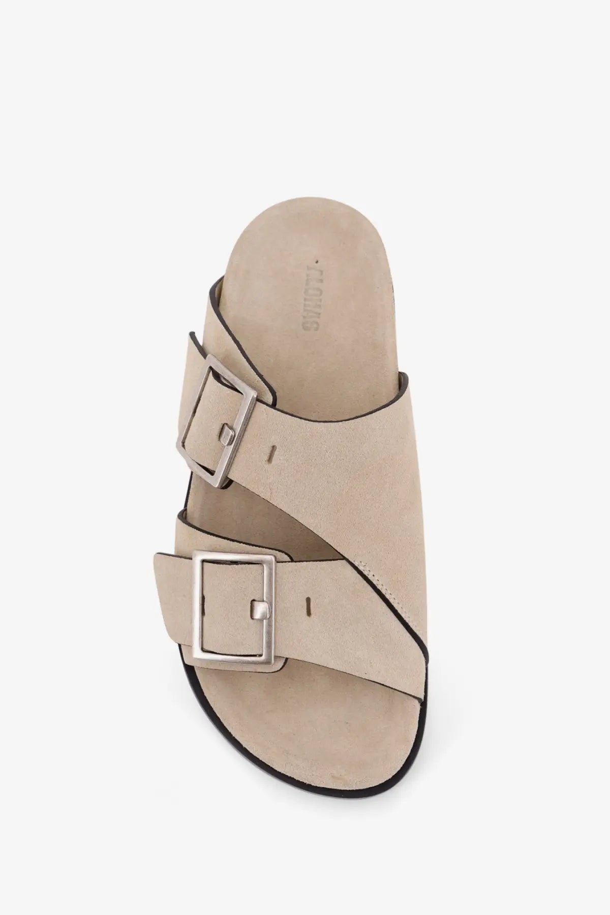 Aloha womens alba beige suede slide sandal with two silver toned buckle straps