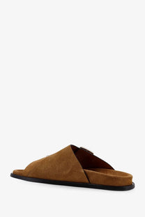 Alohas women’s alba beige tan suede slide sandal with black rubber sole and silver toned buckle