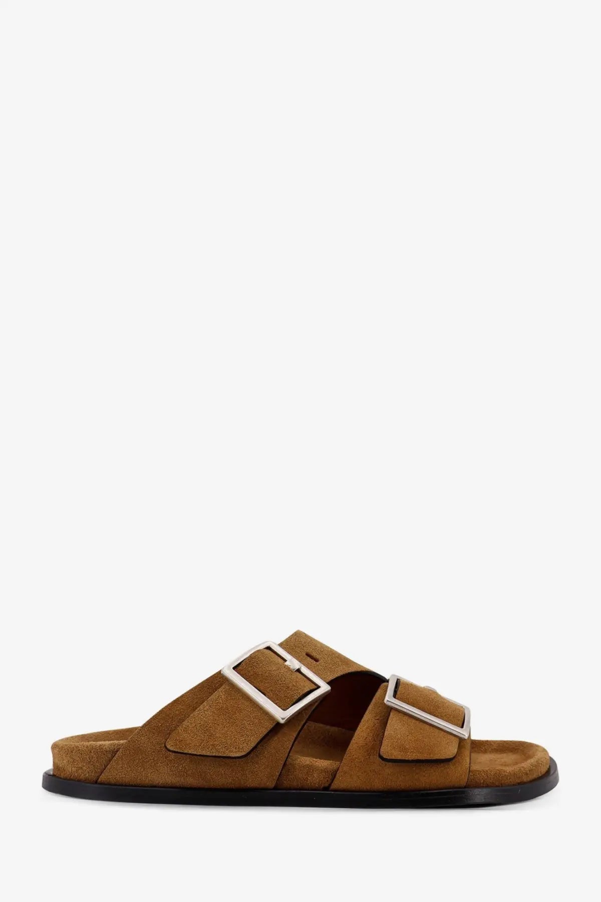 Alohas women’s alba suede sandals beige tan slide with two silver buckle straps and black rubber sole