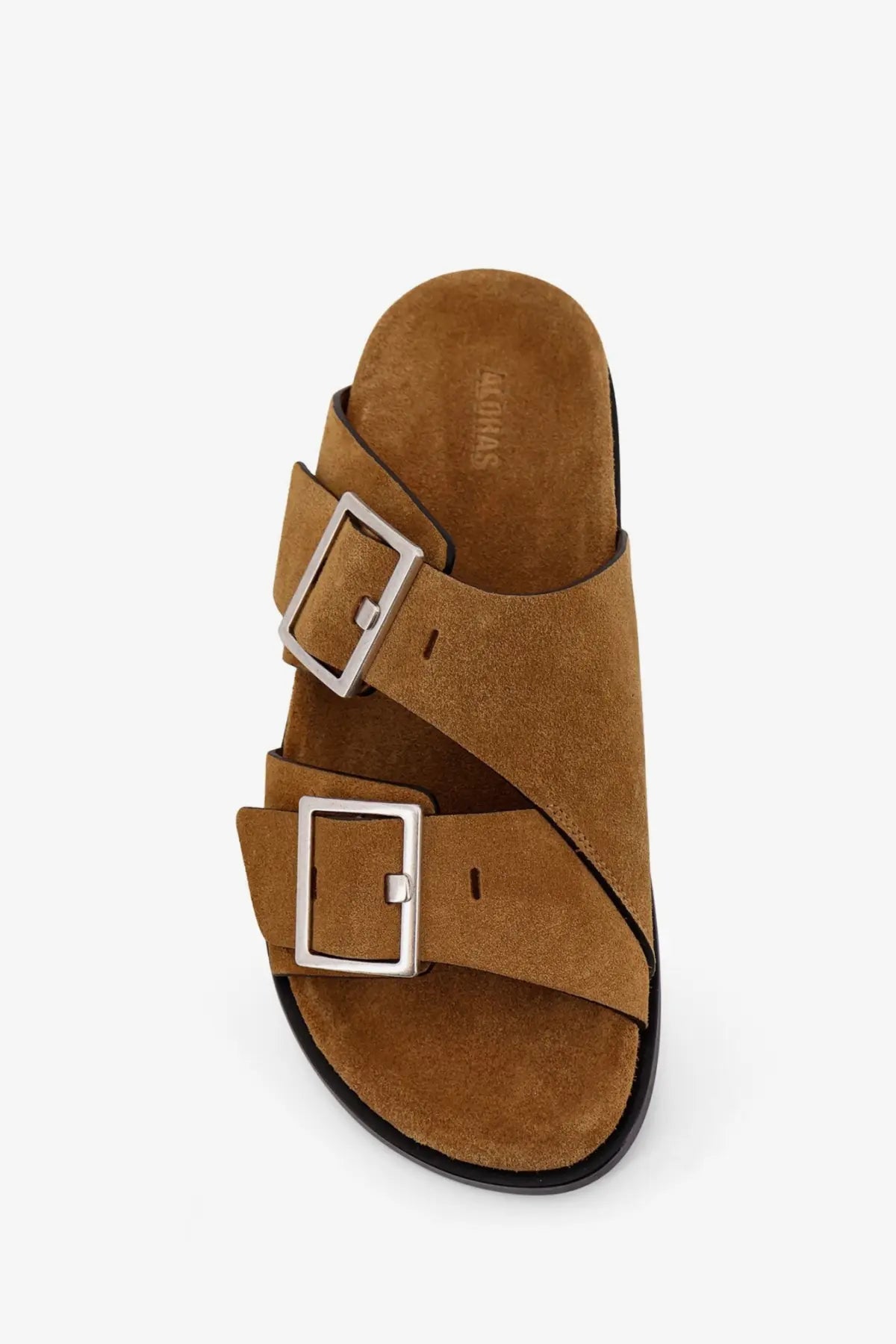 Alohas women’s alba suede slide sandal in beige with two silver buckle straps and black rubber sole