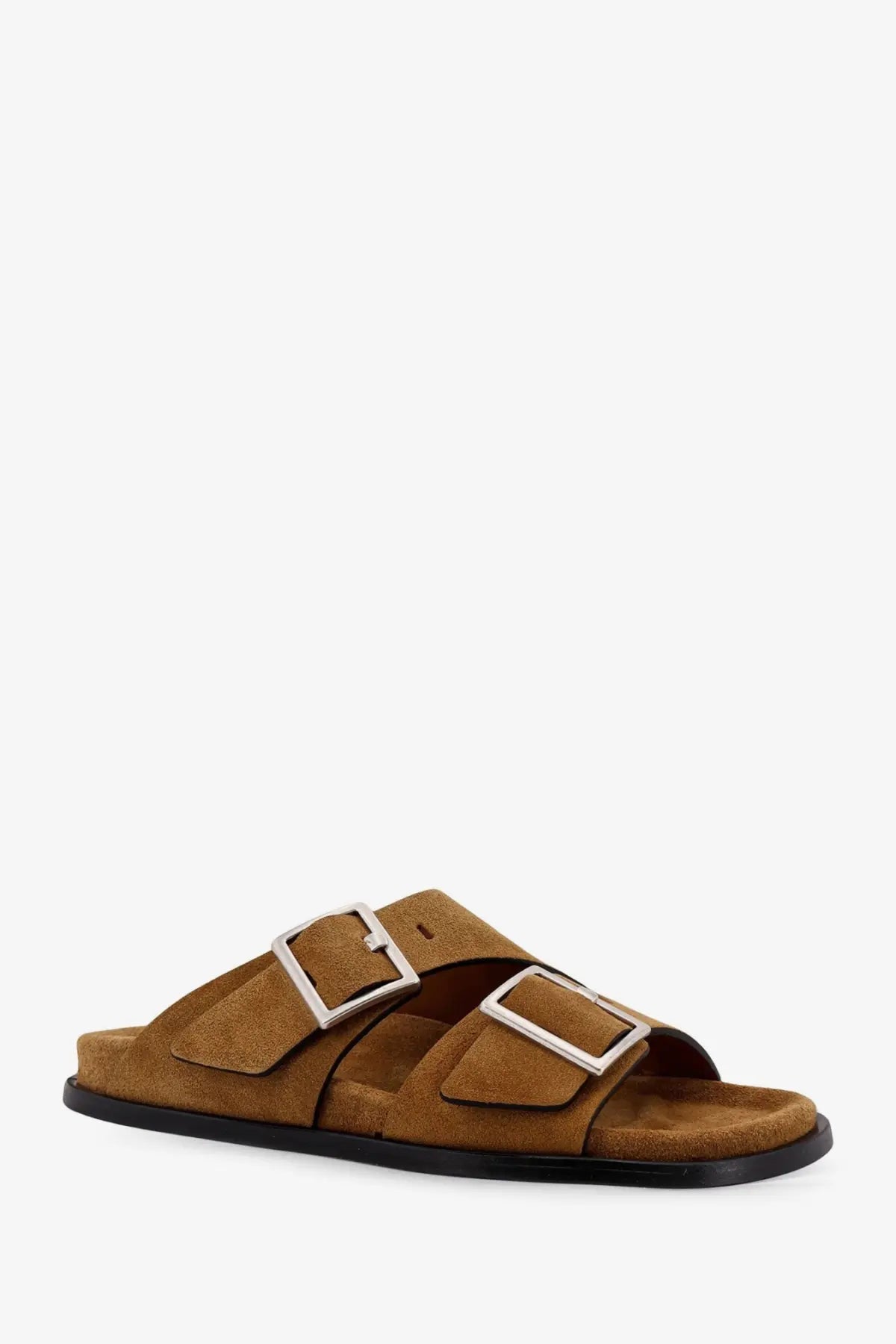 Alohas women’s alba suede slide sandal in tan with two silver buckle straps and black rubber sole