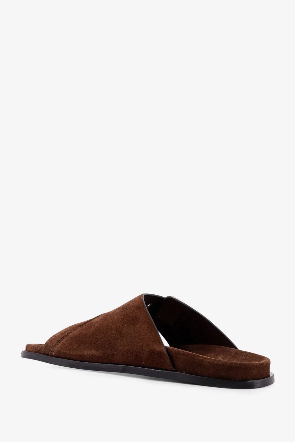 Alohas women’s Alba suede slide sandal in brown with a black rubber sole for casual wear