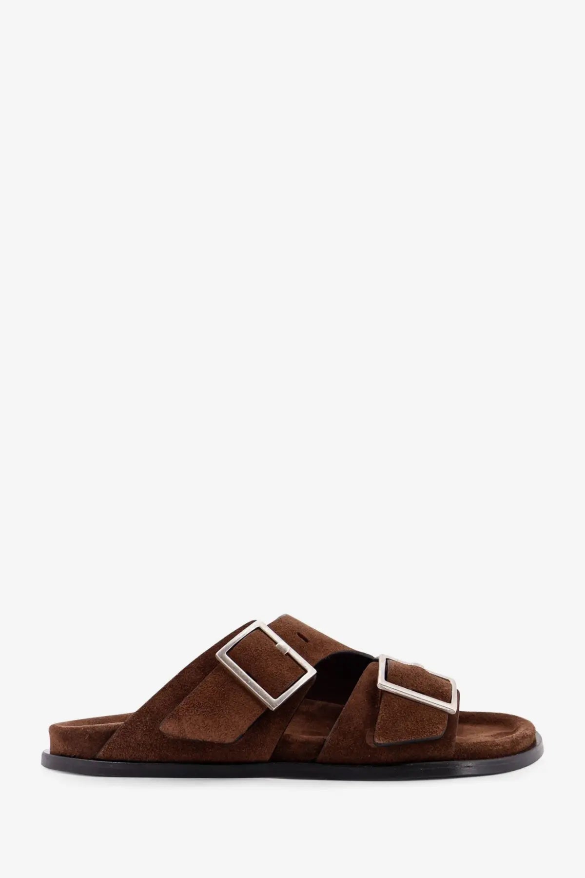 Alohas women’s alba suede sandals brown with two silver buckle straps and a black rubber sole slide sandal