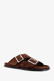 Alohas women’s alba suede slide sandal in brown with two silver-toned buckle straps