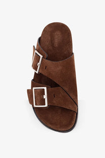 Alohas women’s Alba brown suede slide sandals with two silver toned buckle straps for casual wear