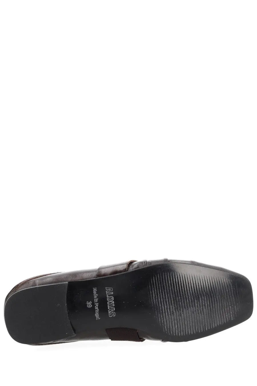 Alohas women’s ballerina bargo brown black leather slip-on loafer with square toe and stitched strap detail