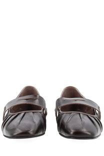 Alohas women’s ballerina bargo brown dark brown leather flats with pleated design and strap across the instep