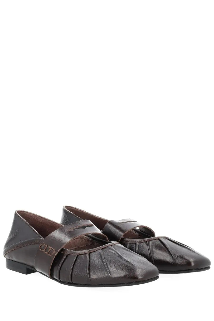 Alohas women’s ballerina bargo brown dark brown leather loafers with pleated front and single strap across instep
