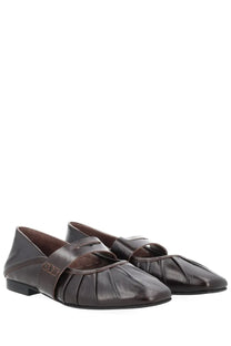 Alohas women’s ballerina bargo brown dark brown leather loafers with pleated front and single instep strap