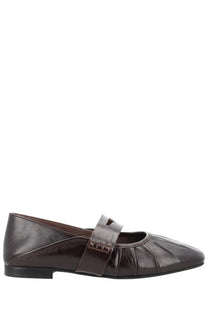 Alohas women’s ballerina bargo brown dark brown leather mary jane flat shoe with glossy strap and pleated toe detail