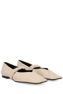 Beige leather ballet flats for women with ruched strap across the instep by alohas ballerina lautan white