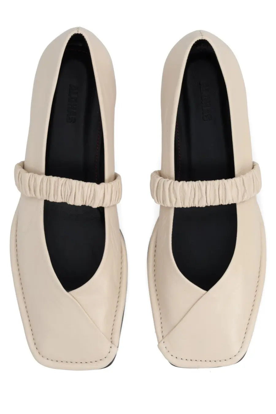 Alohas women’s ballerina lautan white cream-colored leather mary jane flats with gathered elastic strap across instep