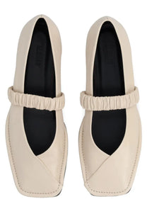 Alohas women’s ballerina lautan white cream-colored leather mary jane flats with gathered elastic strap across instep