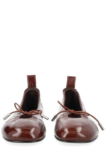 Alohas women’s ballerina Rosalind red ballet flats in brown patent leather with glossy finish and silver lace-up aglets