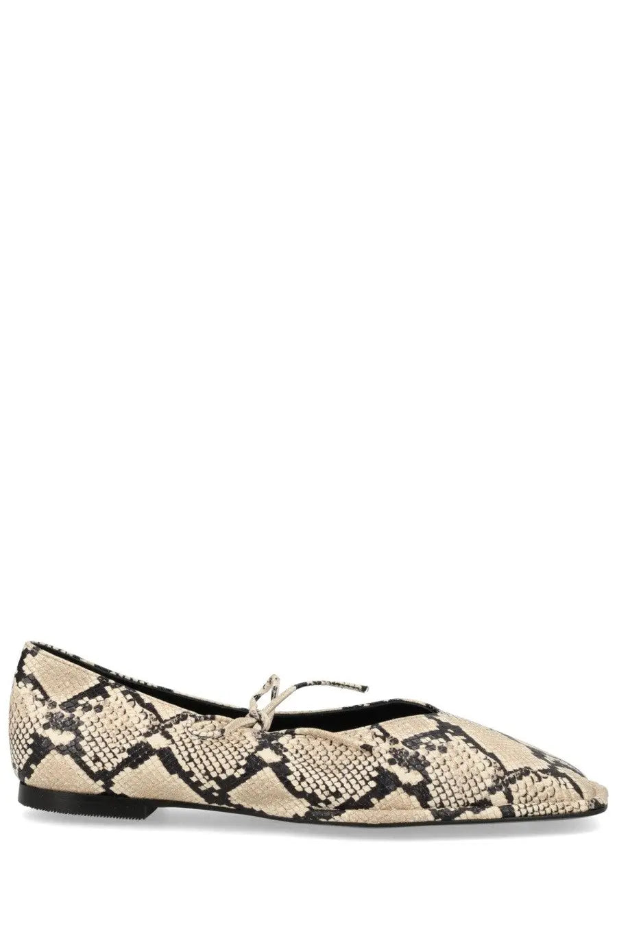 Alohas women’s ballerina sway flat shoe in beige and black snake print with a delicate bow at the toe