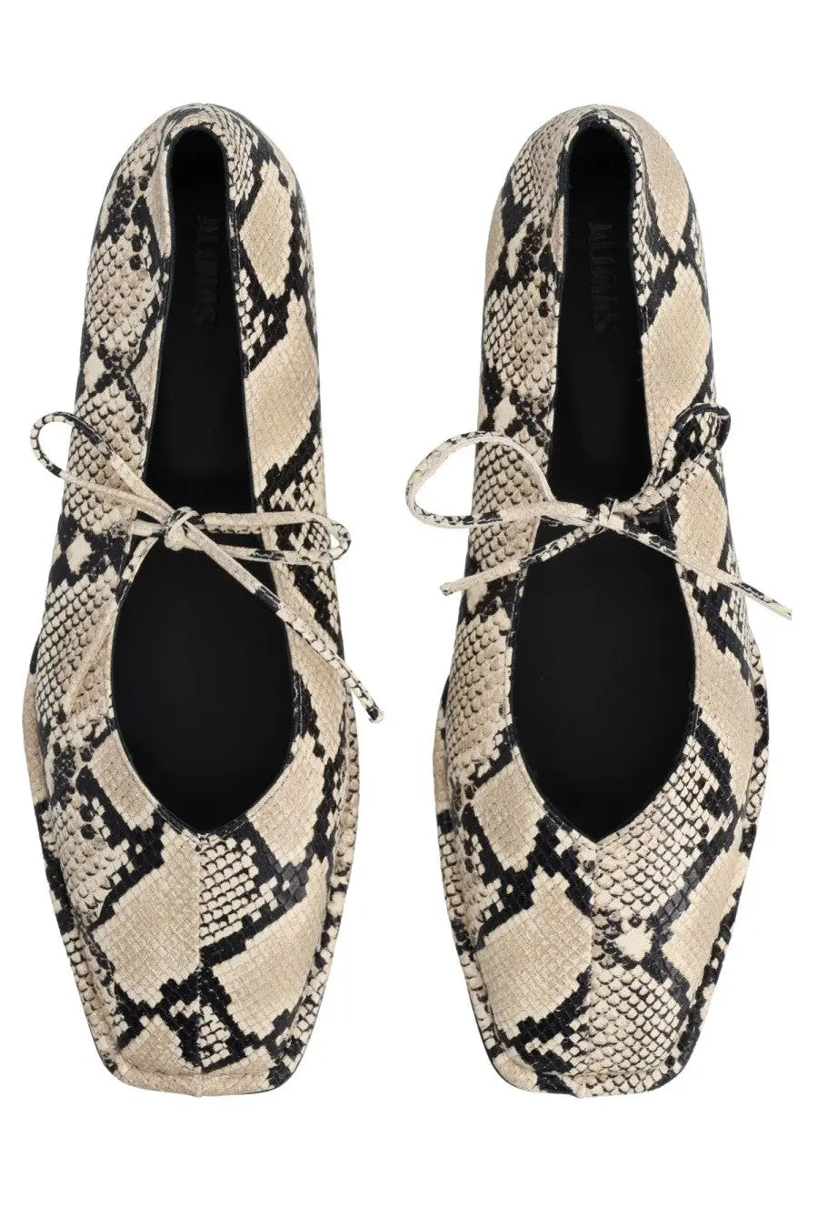 Beige and black snake-print flat ballerina shoes with tied laces by alohas women’s ballerina sway indo pattern