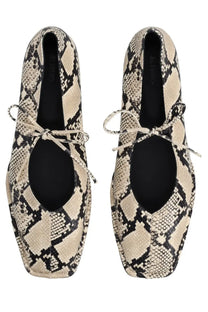 Beige and black snake-print flat ballerina shoes with tied laces by alohas women’s ballerina sway indo pattern