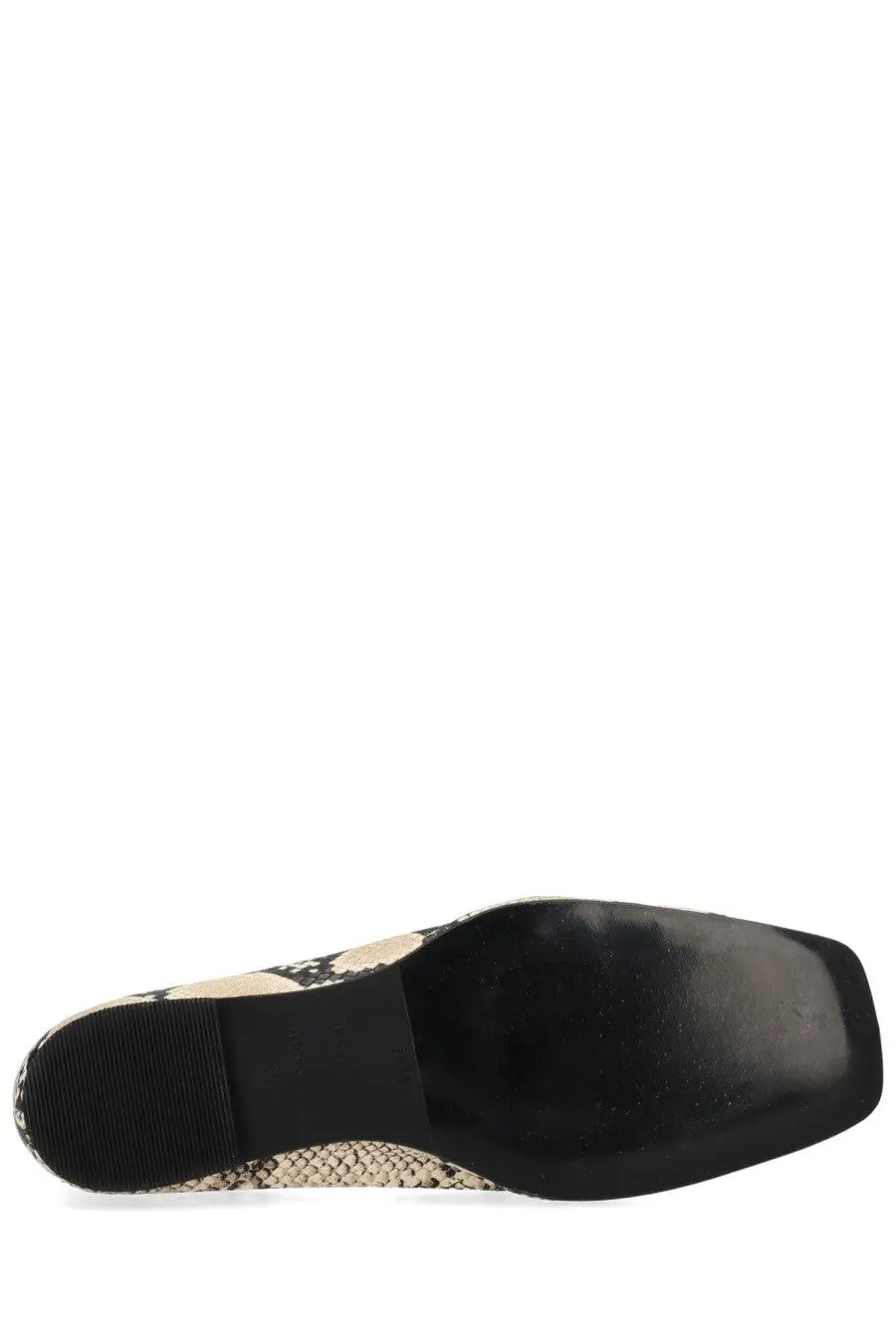 Alohas women’s ballerina sway indo pattern black and beige snake-print flat shoe with square heel front view