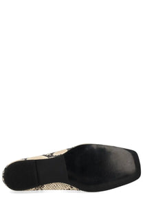 Alohas women’s ballerina sway indo pattern black and beige snake-print flat shoe with square heel front view