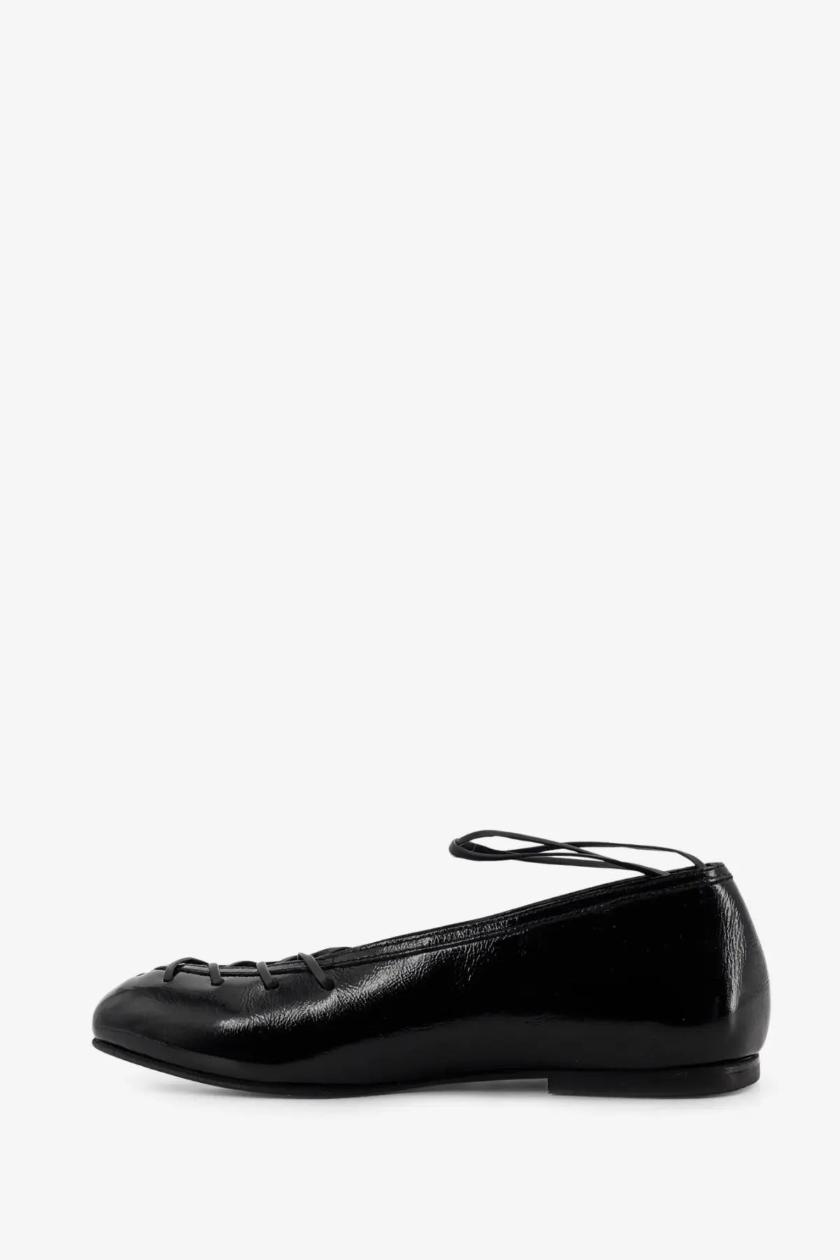 Alohas women’s black patent leather ballet flat with lace-up detailing and low heel for stylish comfort