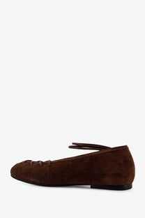 Alohas women’s bumi brown suede ballet flat with thin lace strap across instep and black rubber sole