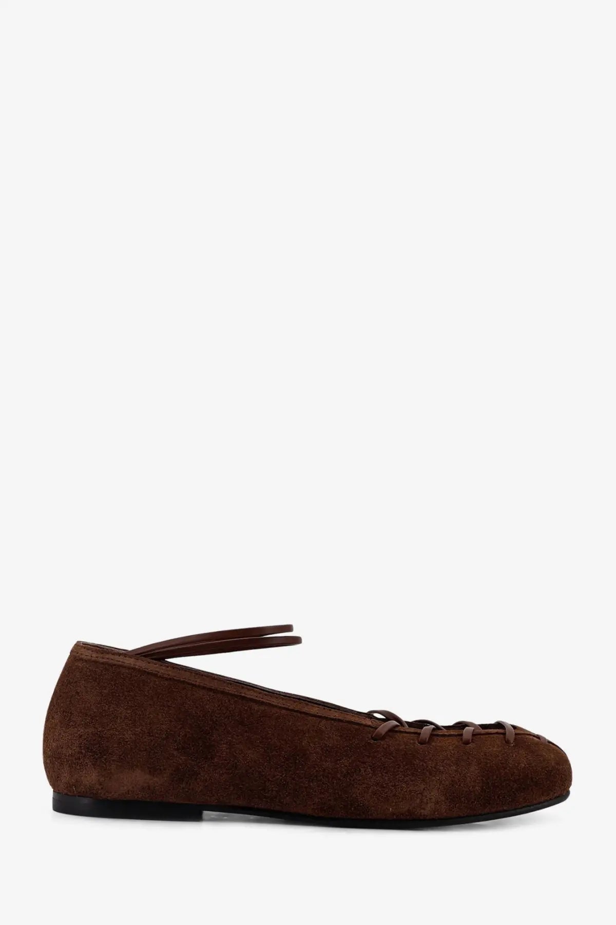 Alohas women’s bumi suede ballerina flat shoe in brown with lace-up design and black sole