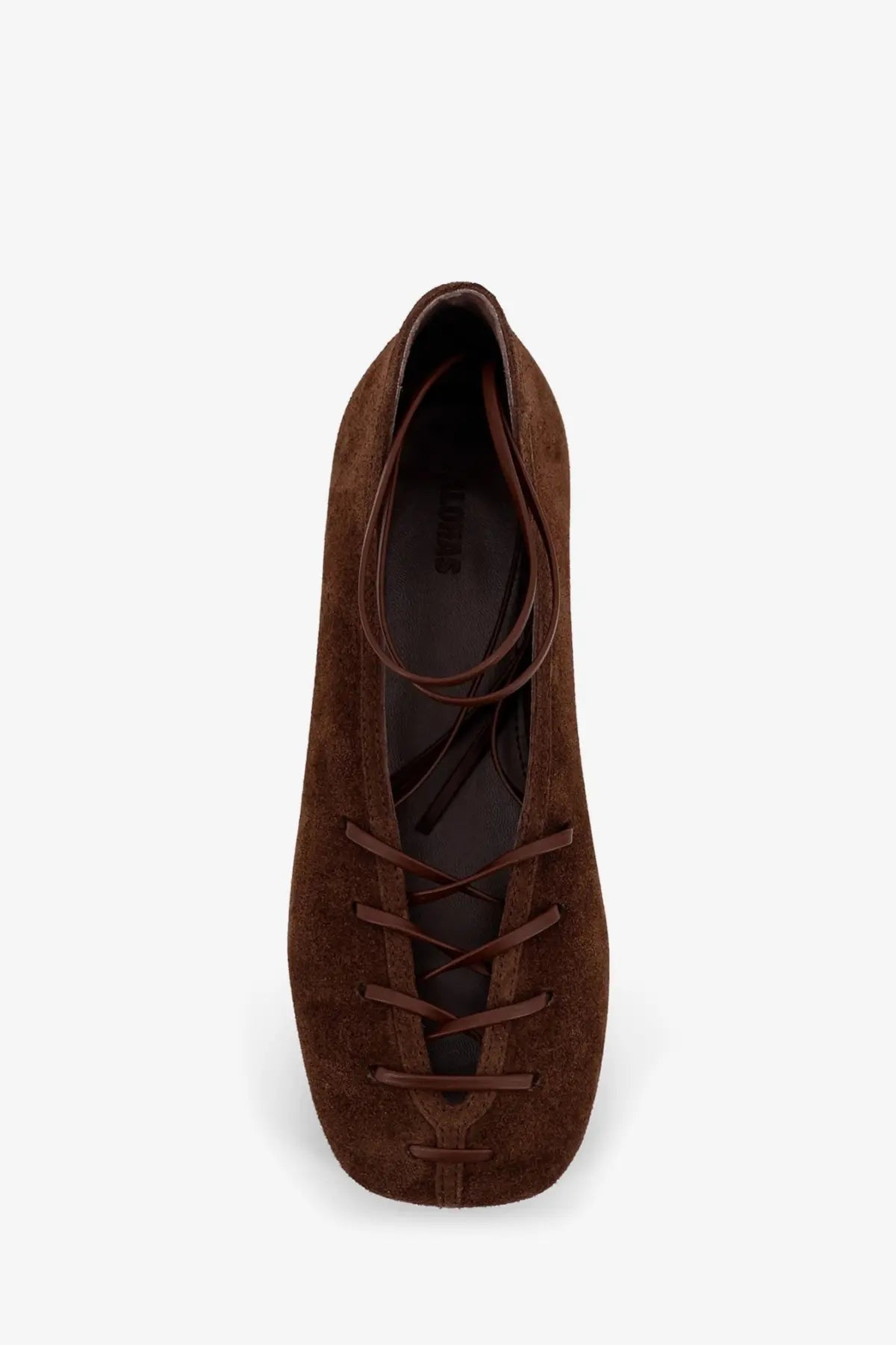 Alohas women’s bumi suede ballerinas in brown featuring a square toe lace-up flat design with matching laces