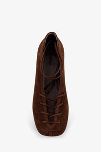 Alohas women’s bumi suede ballerinas in brown featuring a square toe lace-up flat design with matching laces