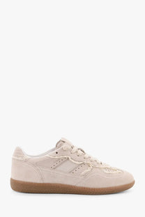 Alohas women’s crochet beige suede sneaker with lace-up design and tan rubber sole