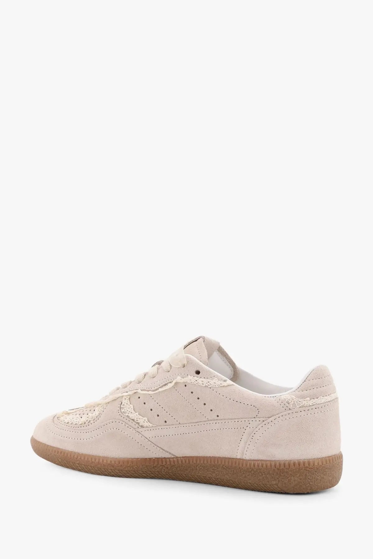 Alohas women’s crochet beige suede sneaker with lace-up design and tan rubber sole in white collection