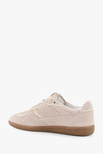 Alohas women’s crochet beige suede sneaker with lace-up design and tan rubber sole in white collection