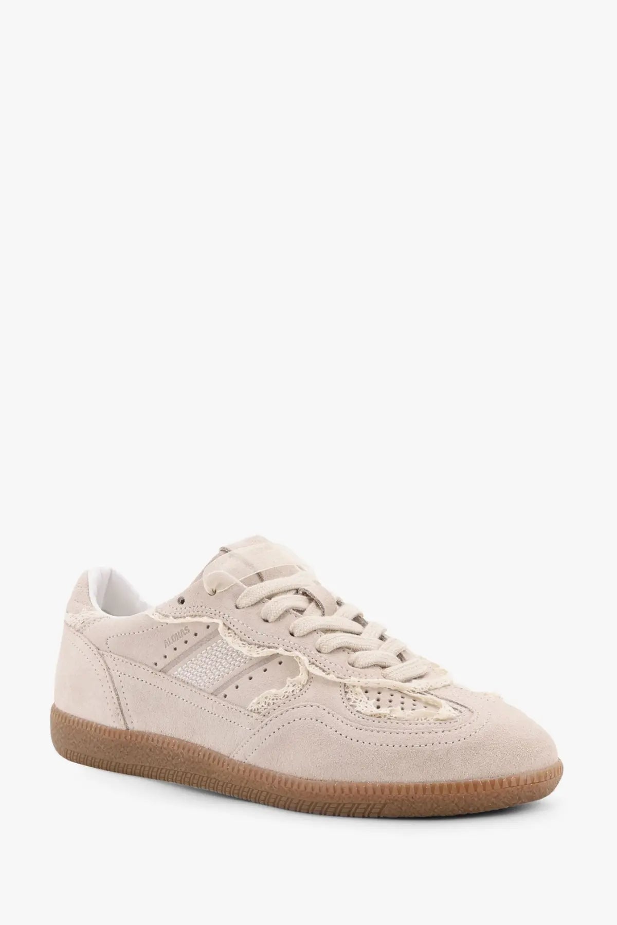 Alohas women’s crochet beige suede sneakers with perforated mesh panels and tan rubber sole