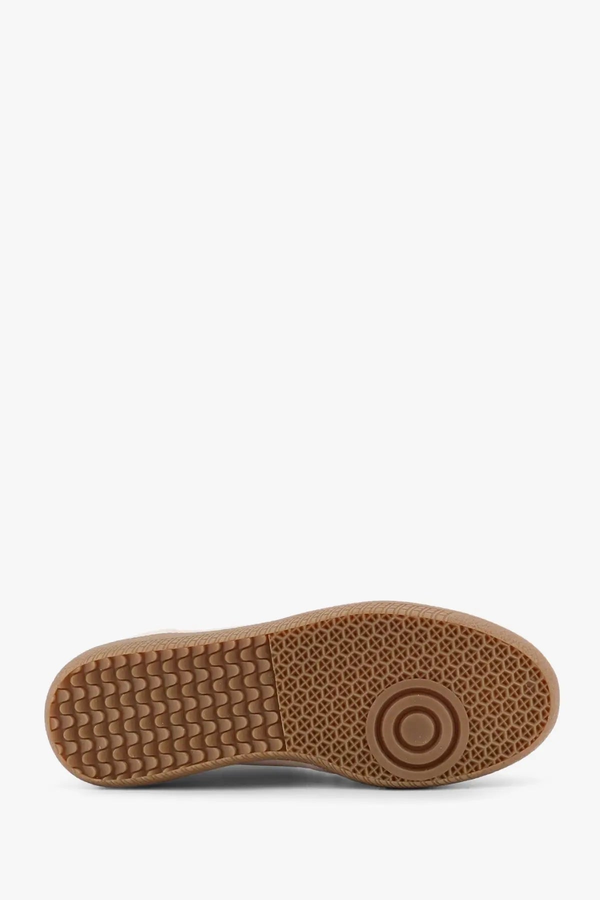 Tan rubber sole with textured pattern and circular logo detail on alohas women’s crochet suede white sneakers