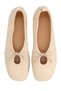 Cream-colored leather ballet flats with delicate bow and metallic aglets aloha women’s dancer rosalind yellow