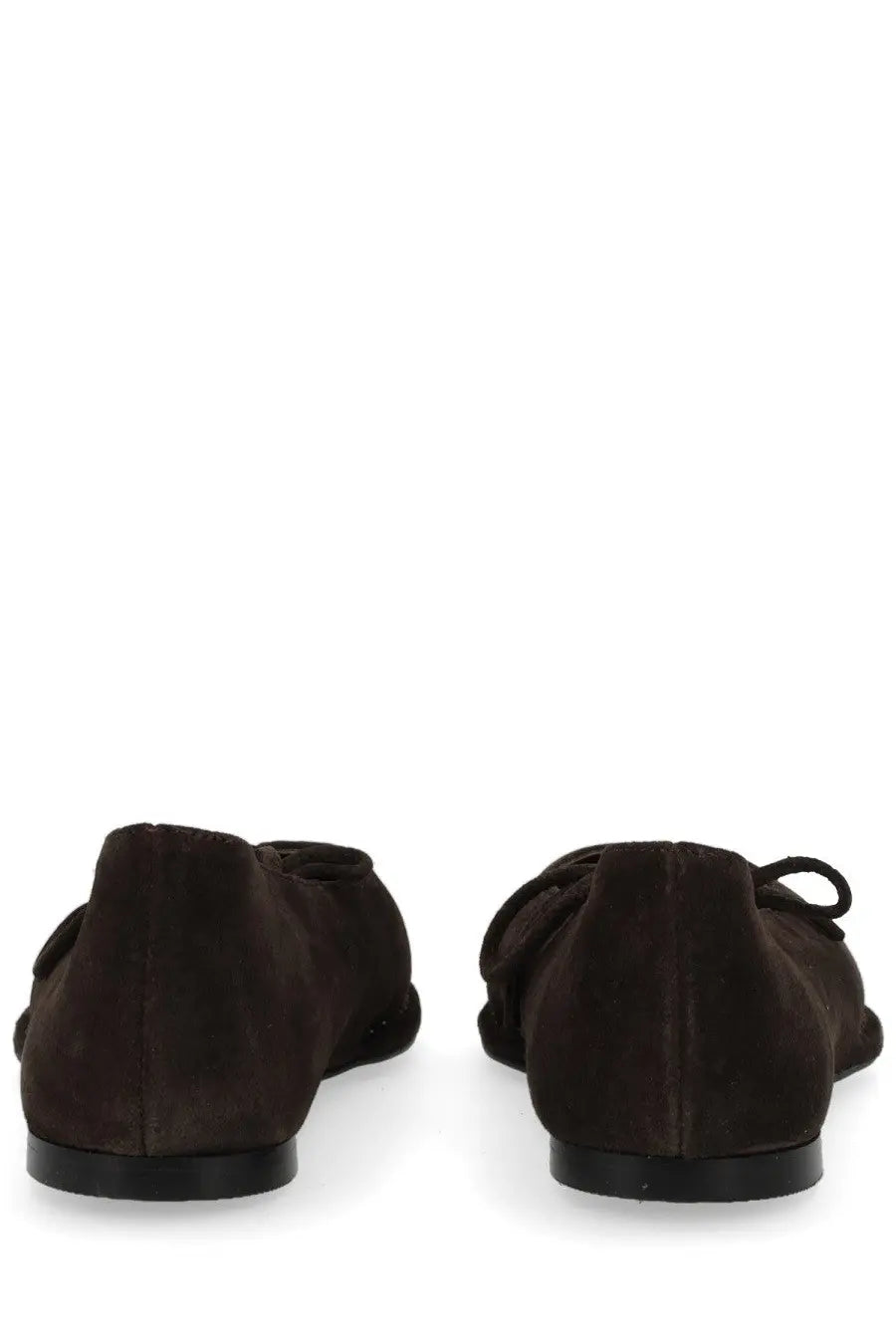 Dark brown suede ballet flats with a small bow at the back shown from the back by alohas women’s dancer sway brown