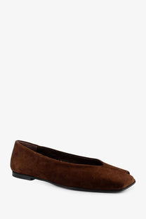 Alohas women’s Katia suede ballerinas in brown with a square toe and black sole for casual wear