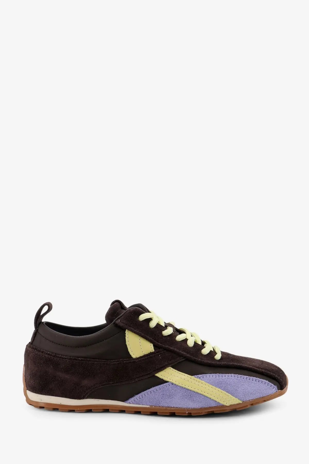 Alohas women’s leather and suede sneaker in dark brown with vibrant yellow and lavender panels in a classic low-top design