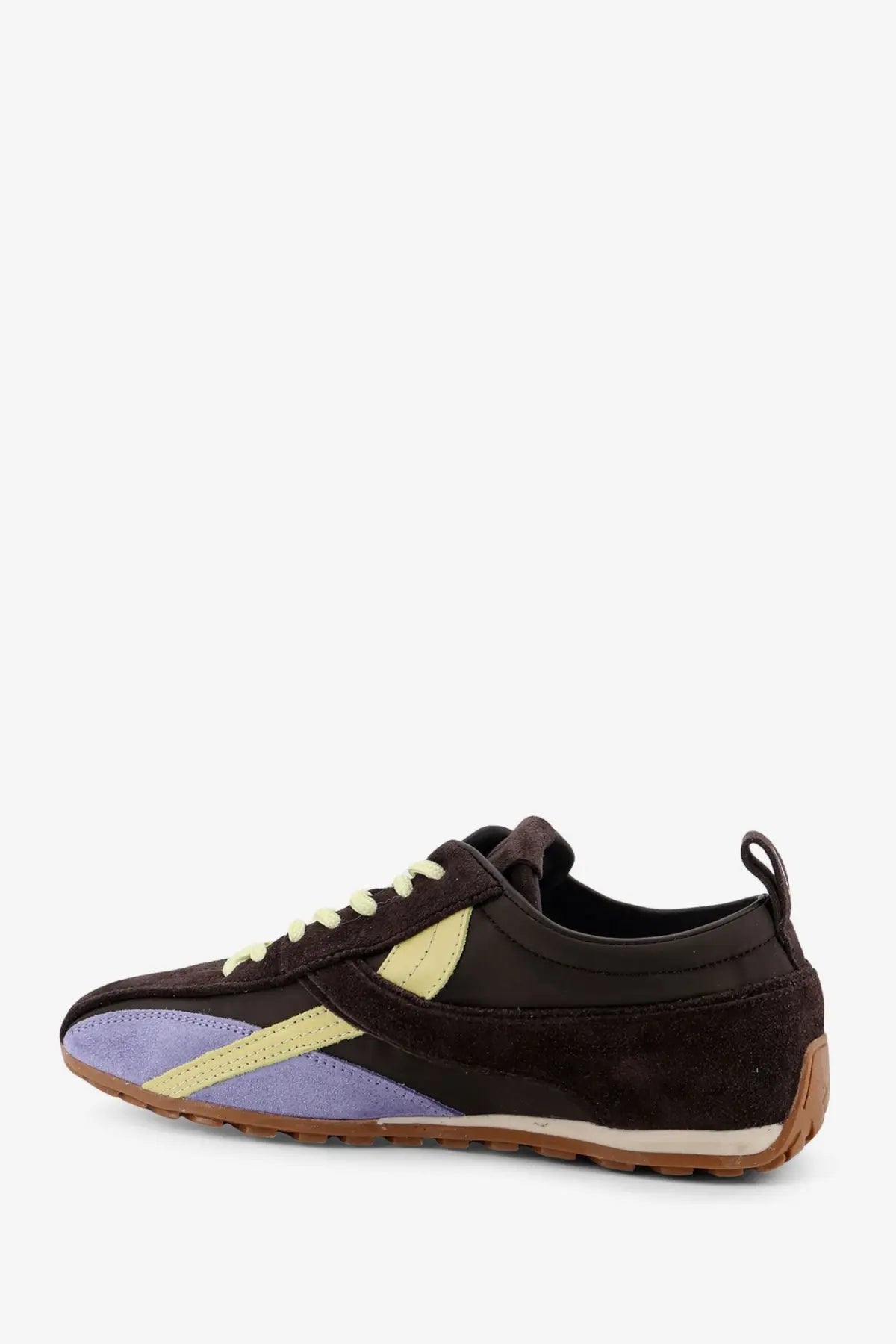 Alohas women’s leather and suede brown sneaker with purple and yellow accents and a classic low-top design